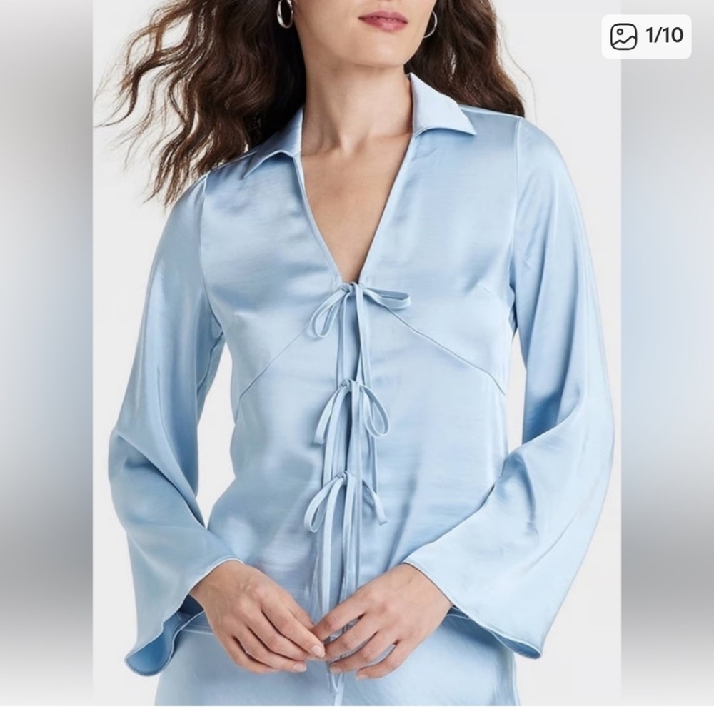 Nwt A NEW DAY BLUE PASTEL SATIN BLOUSE TOP Fairy Y2K Peasant Tie Front Selkie
